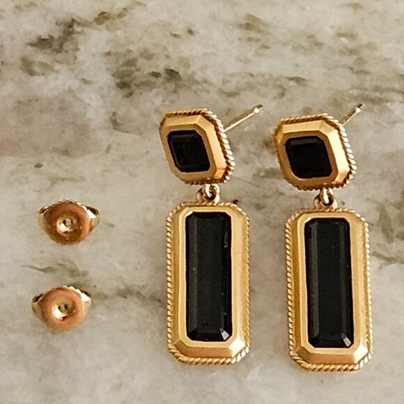 RARE DESIGNER MONICA RICH KOSANN 18K GOLD ONYX OCTAGON OBLONG PIERCED EARRINGS - Picture 10 of 13